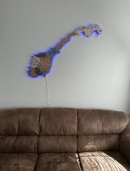 Eksklusiv Norge i tre – 3D veggkart (med LED-baklys)