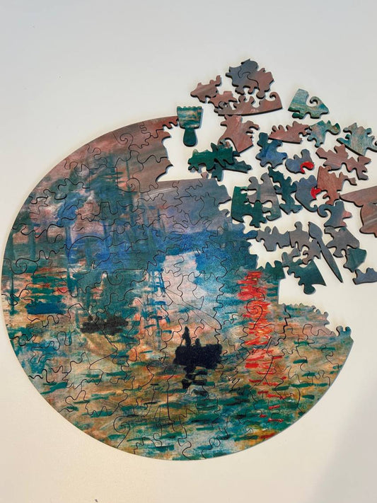 Kunstpuslespill i tre – Monet «Impresjon, soloppgang» (Ø30 cm, 250 brikker)