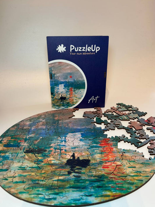 Kunstpuslespill i tre – Monet «Impresjon, soloppgang» (Ø30 cm, 250 brikker)