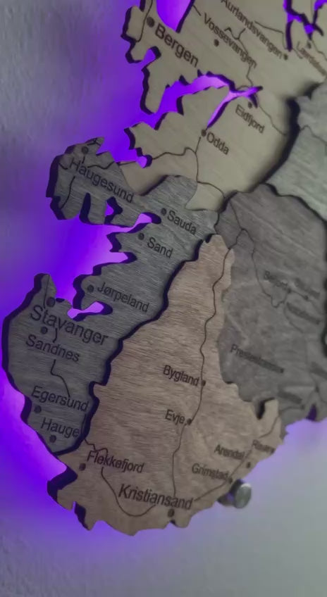 Premium Norge i tre – 3D veggkart (med LED-baklys)